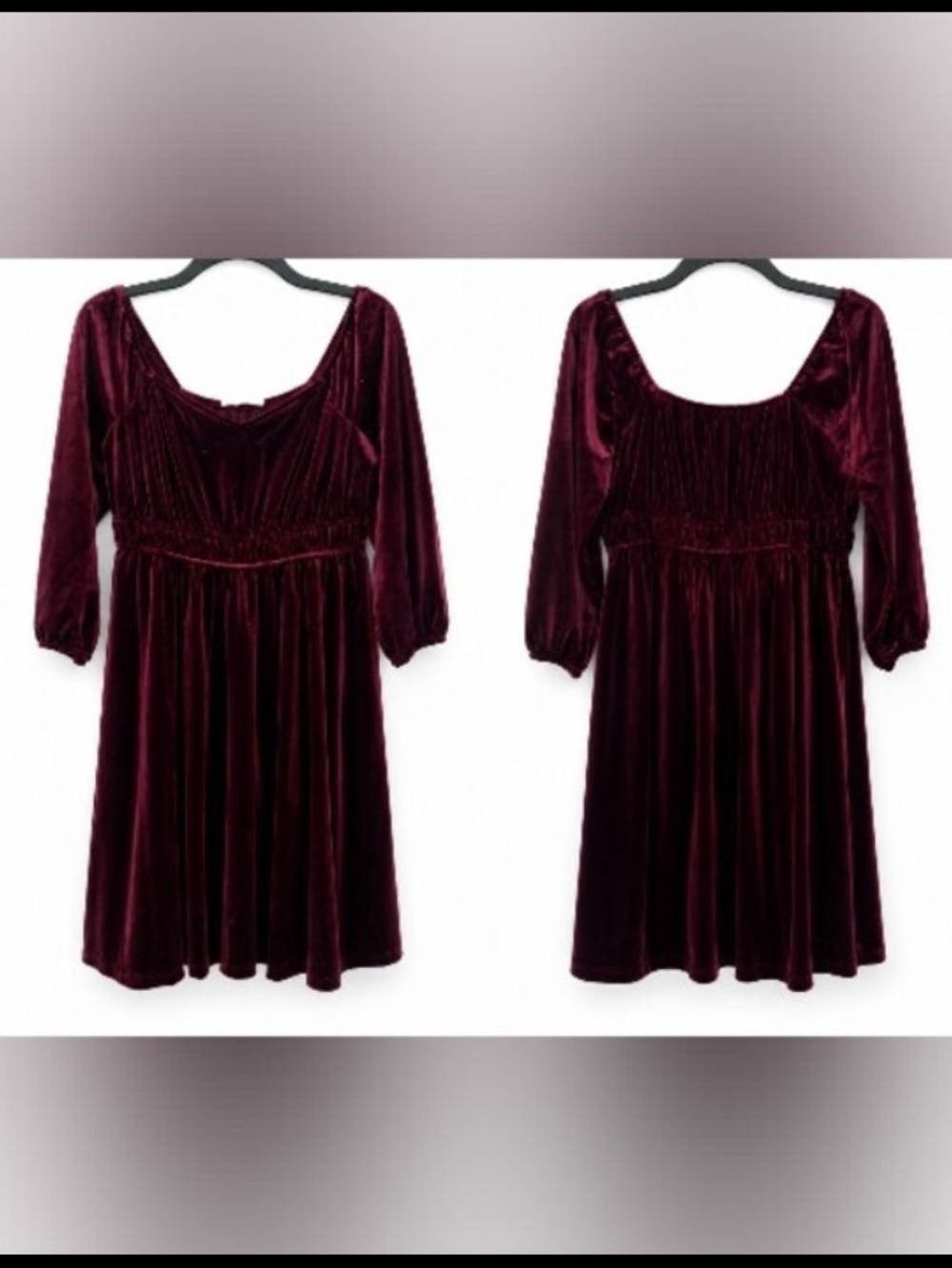 Burgundy Velvet Smocked Babydoll Dress Whimsigoth Goth Holiday 3/4 Sleeve SIZE M